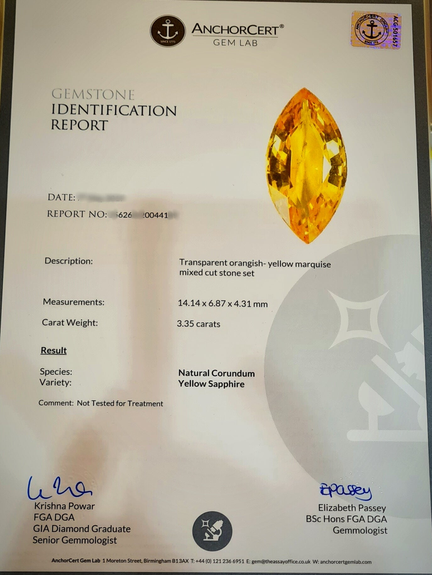Yellow sapphire certificate