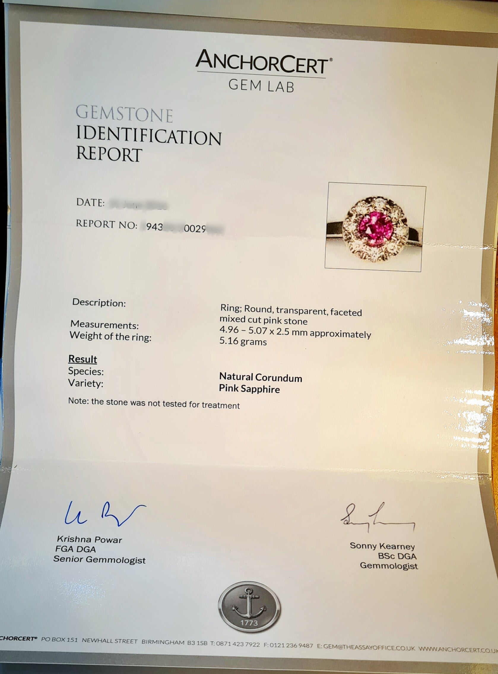 Pink sapphire certificate